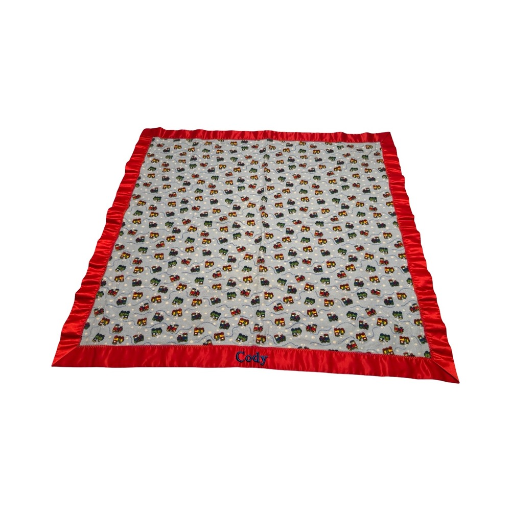 Blue Train Print Fleece Baby Blanket with Red‎ Satin Trim Personalized Cody
